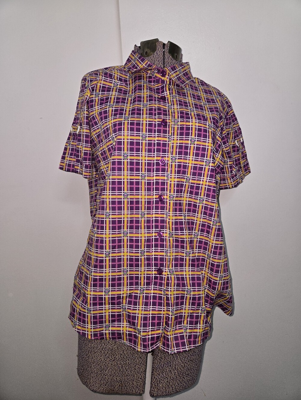 Adrian Delafield Purple Yellow Plaid Short Sleeve Button-Up Shirt Artsy Casual